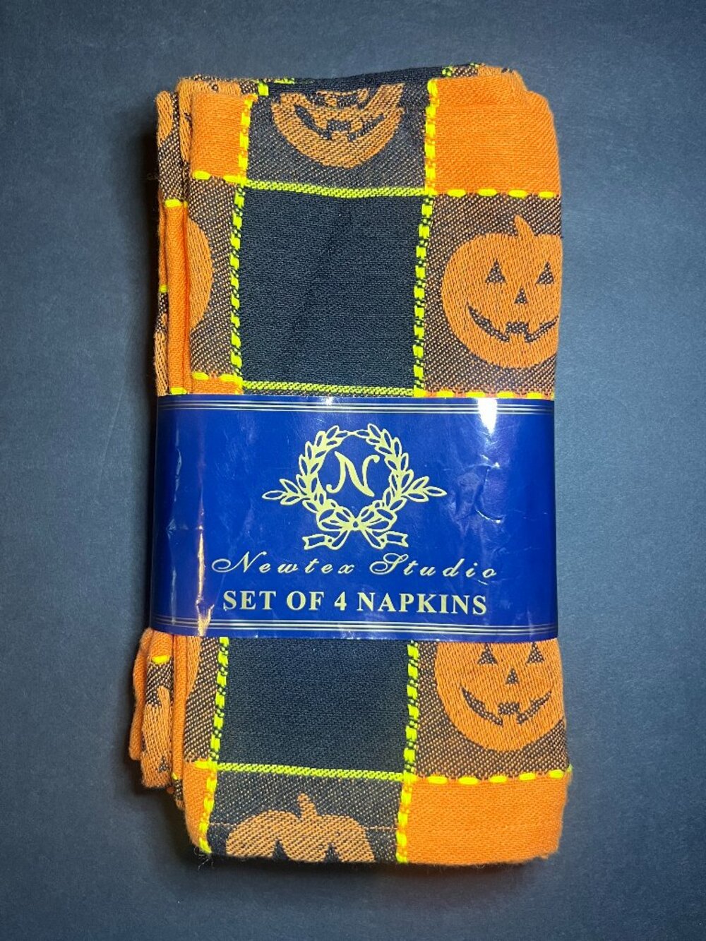 VTG Newtex Studio Set of 4 Halloween Orange & Black Pumpkin Plaid Cotton Napkins